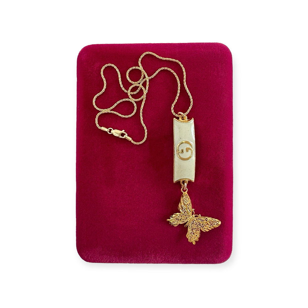 Thumbnail: Vintage 1970's Repurposed Cream Enameled Gucci Plate Link & Butterfly Necklace