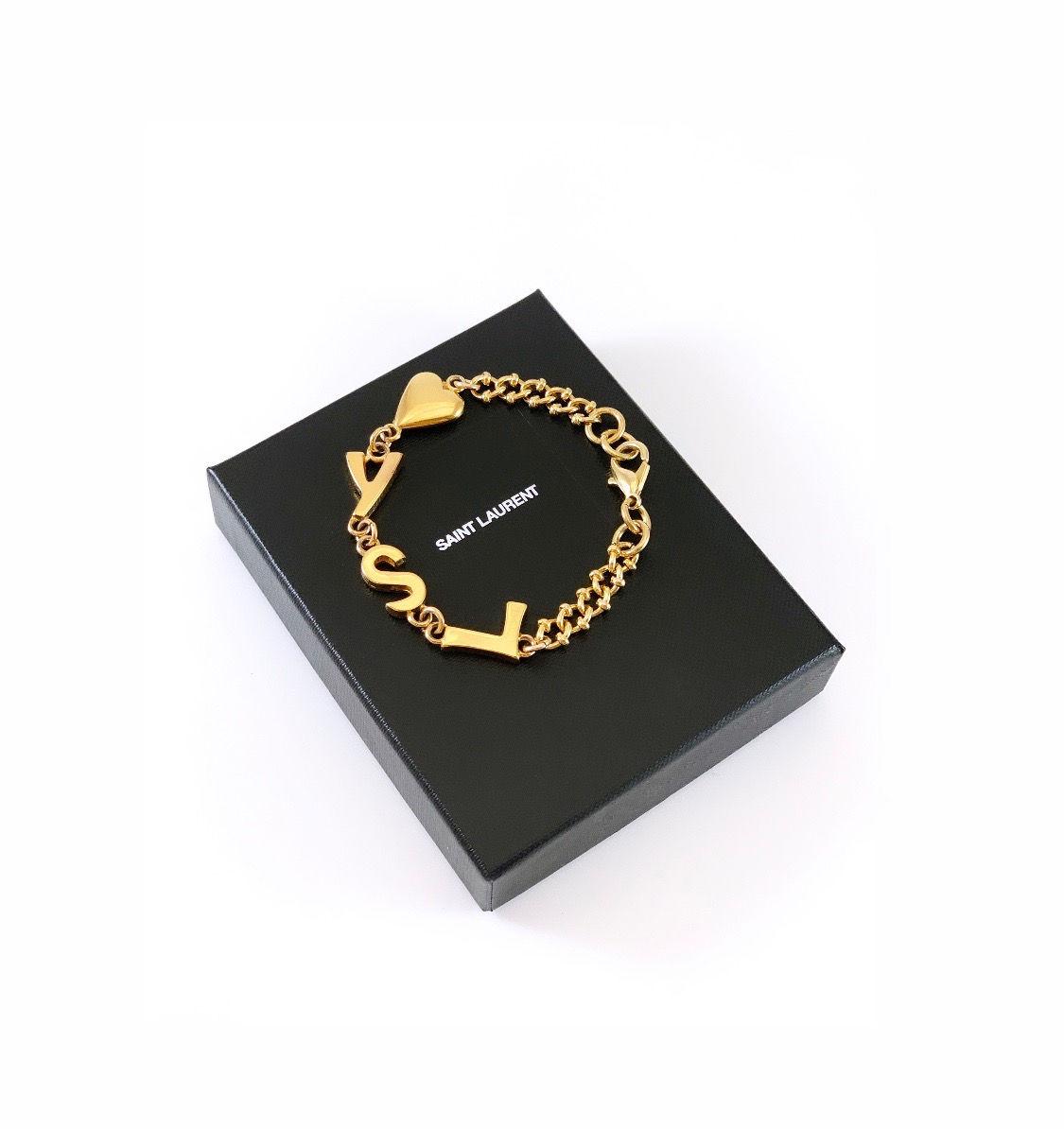 Repurposed Vintage 1980's Gold YSL Letter & Heart Link Bracelet