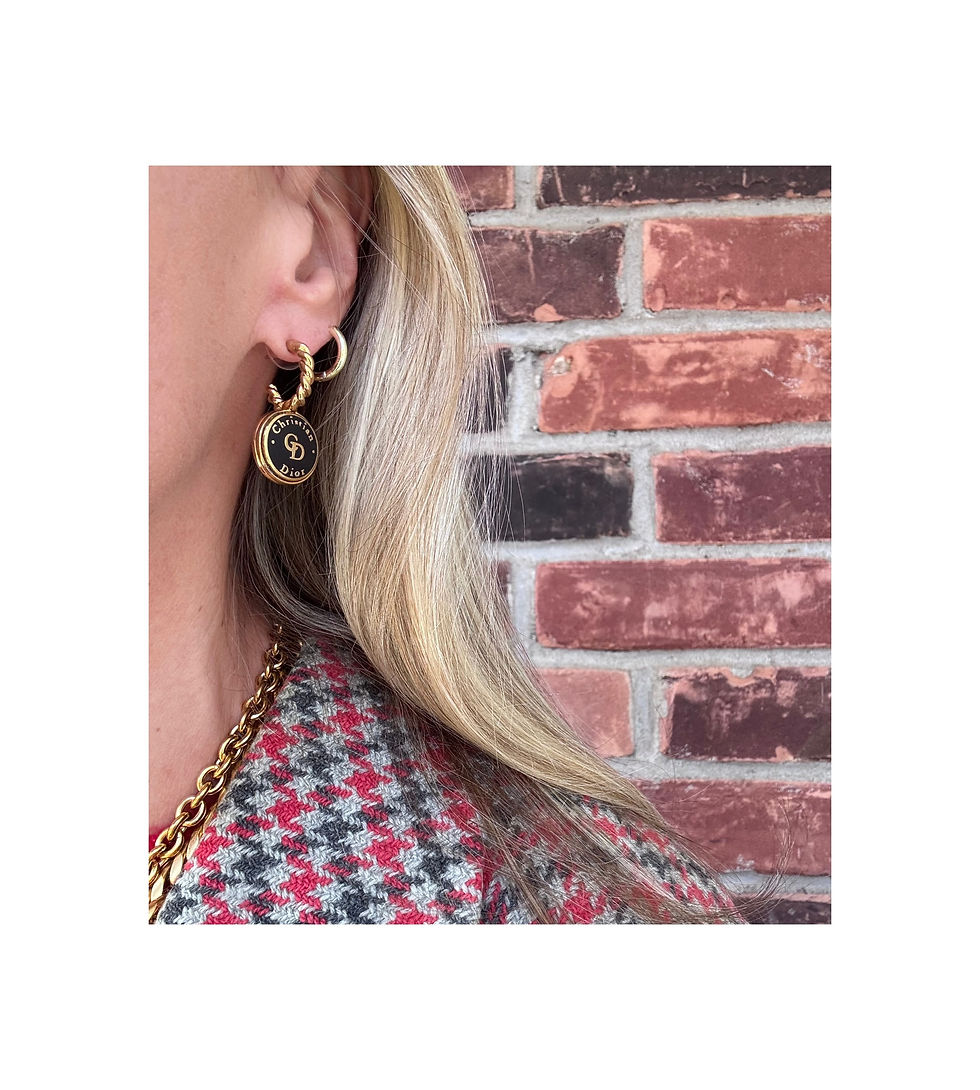 Thumbnail: Repurposed Black & Gold Dior CD Textured Hoop Post Earrings