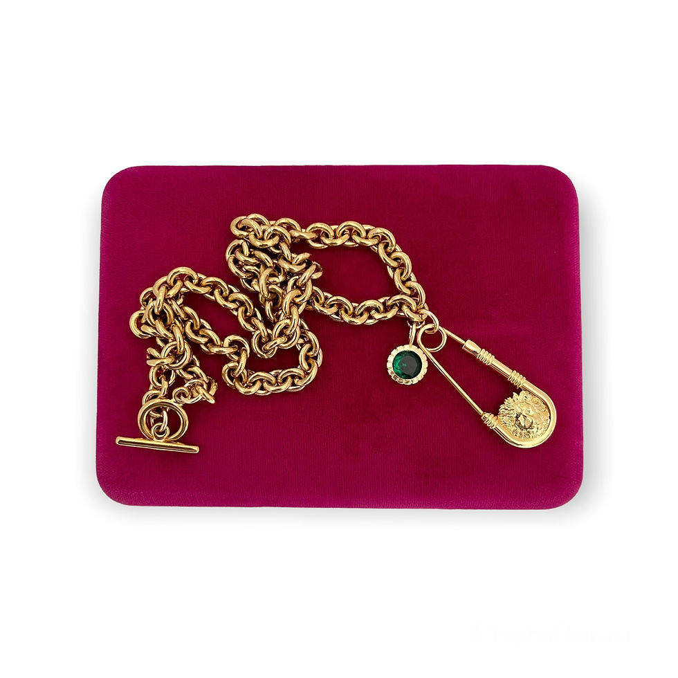 Thumbnail: Repurposed Versace Gold Lion Safety Pin & Green CZ Charms Necklace