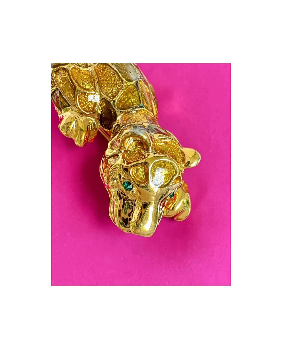 Thumbnail: Vintage Green Crystal Eye Gold Large Leopard Shoulder Brooch Pin