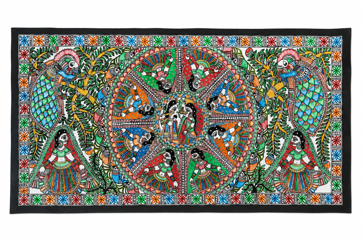 Gopi-Krishna Raas | Size: 5x2' | Madhubani Original Canvas Painting