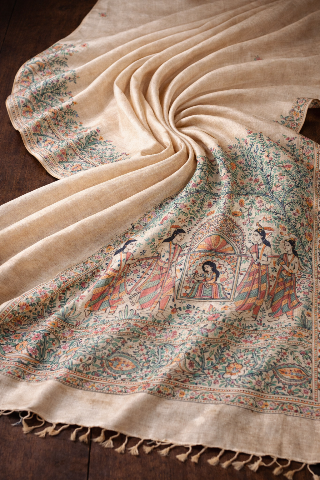 Madhubani Hand Painted Tassar Silk Saree