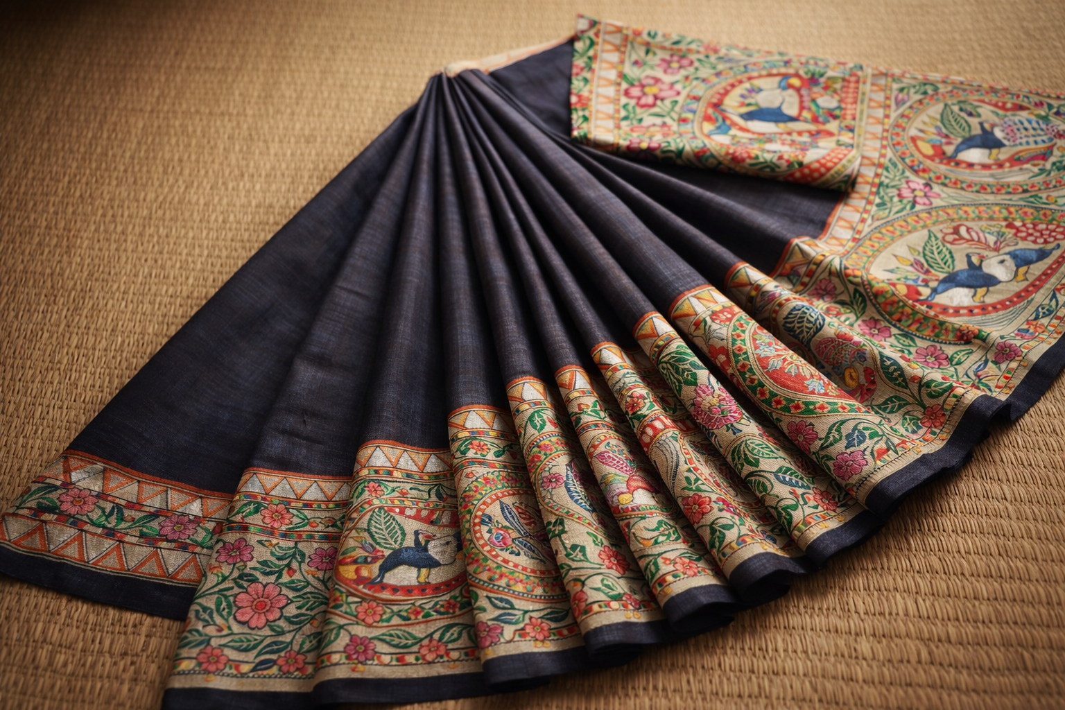 Madhubani Hand Painted Tassar Silk Raw Saree