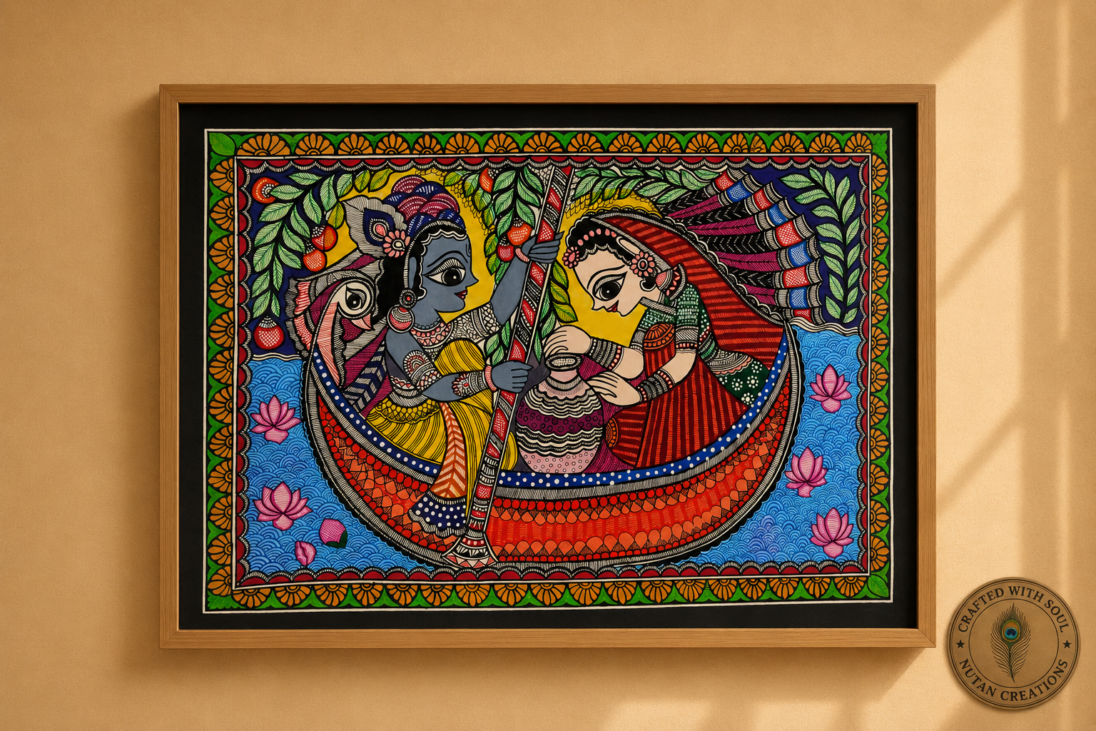 Radha Krishna Nauka Vihar | Size: 15x22" | Madhubani Original Painting