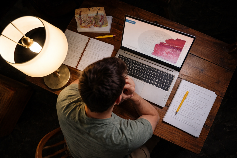 Persona estudiando mientras observa en una computadora portátil una clase online sobre histología de la piel, con un libro abierto y materiales de estudio sobre la mesa.