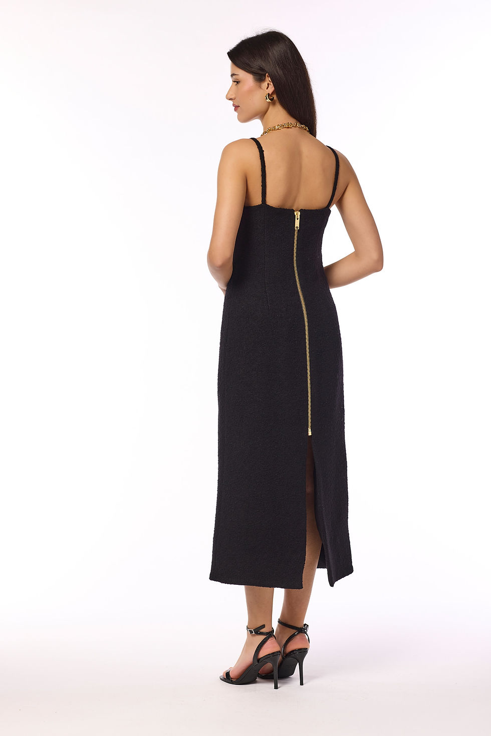 Thumbnail: Lora | The black wool slip dress with golden zip
