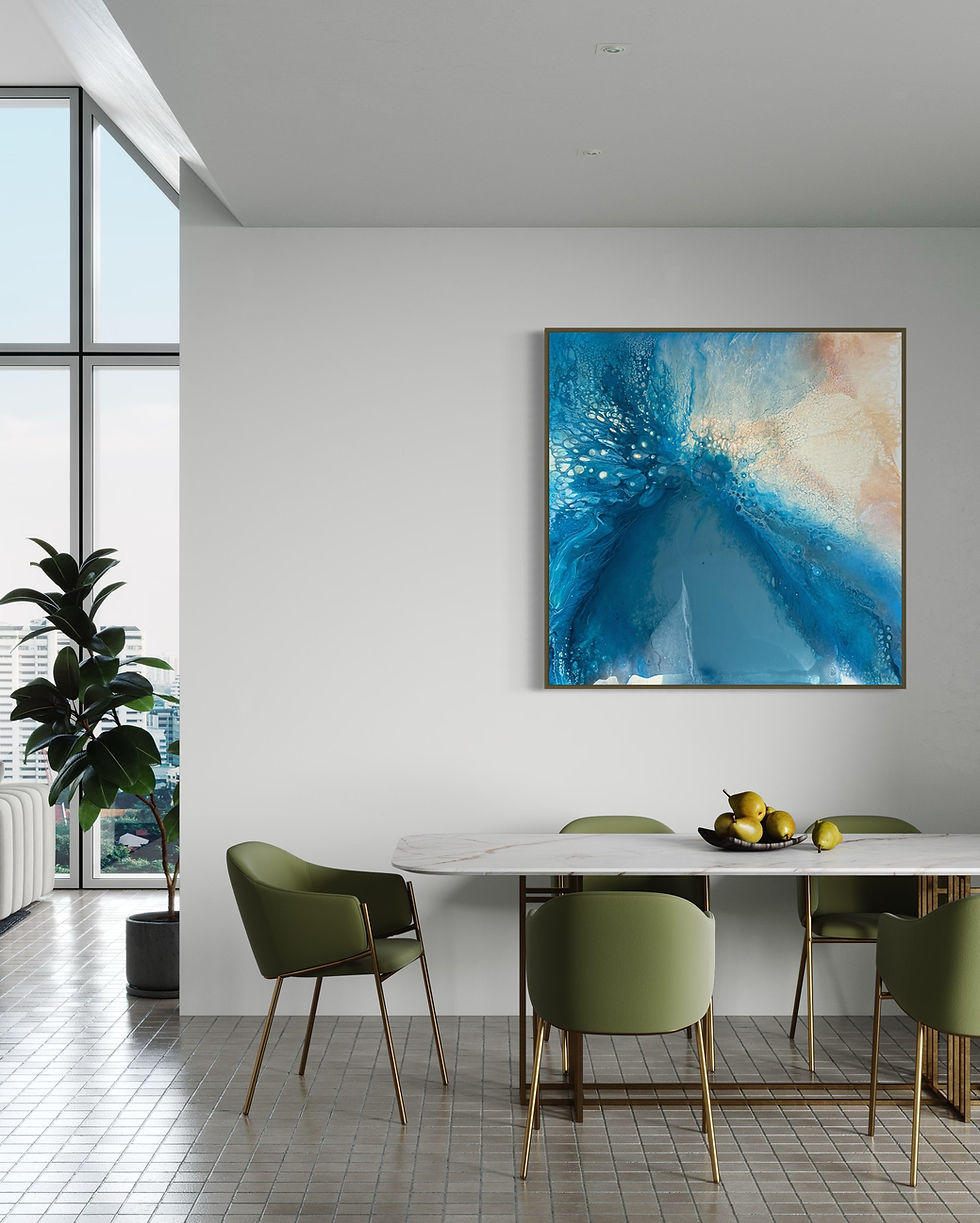 Thumbnail: Modern display of process and abstract, large-scale painting by Monica Bergquist in Helena, Montana inspired by ocean