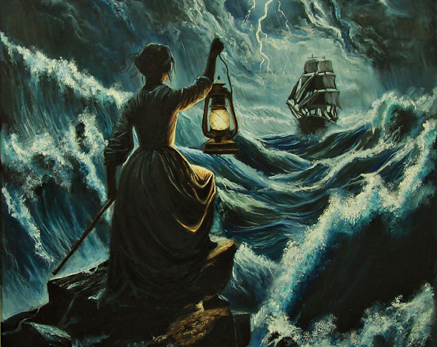 Woman with Lantern in Storm Painting