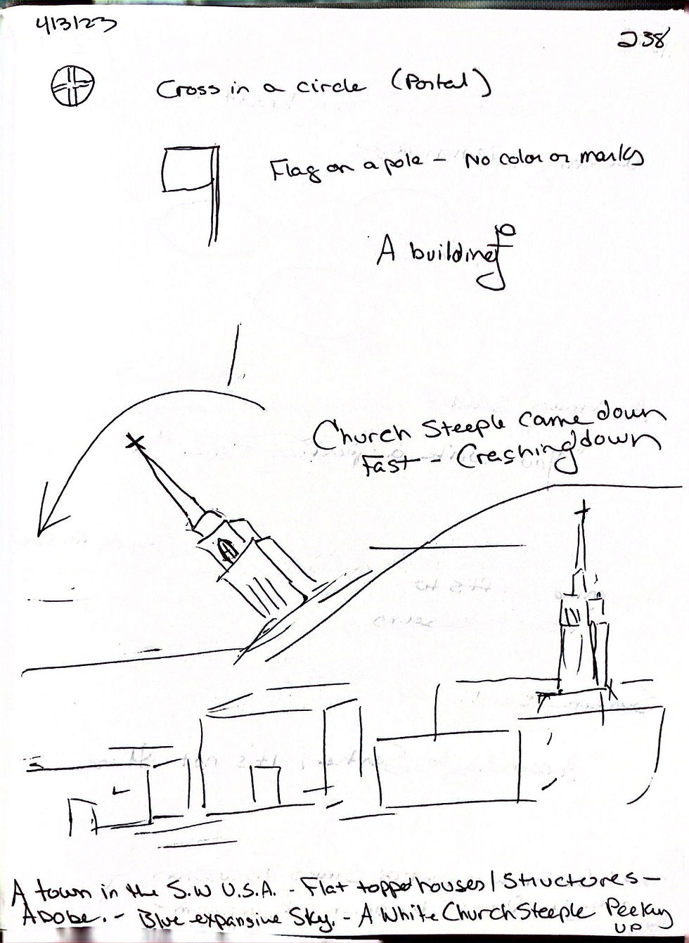 Sketch and notes about a white church steeple crashing down
