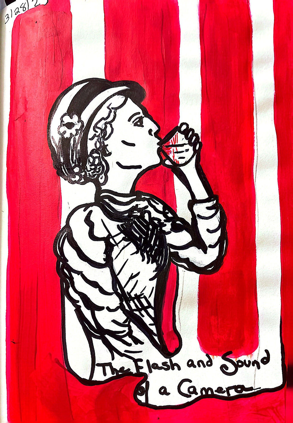 Woman drinks a glass of water in front of the U.S. Flag