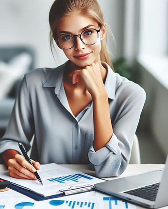an image of a younger female accountant with a touch of gray hair and glasses working on f