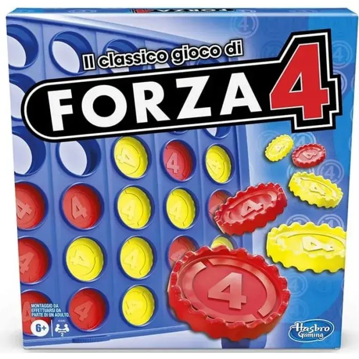 Scatola gioco IL CLASSICO GIOCO DI FORZA 4, pedine rosse e gialle.