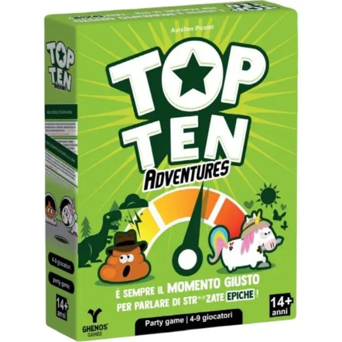 Scatola gioco TOP TEN Adventures con illustrazioni, testo EPICHЕ e classificazione 14+.