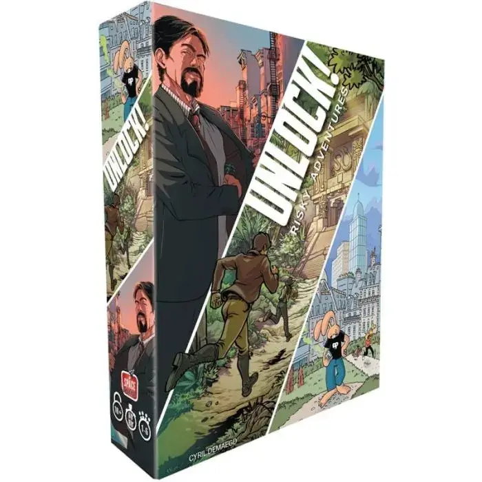 Scatola del gioco da tavolo UNLOCK! con illustrazioni variegate d'avventura.