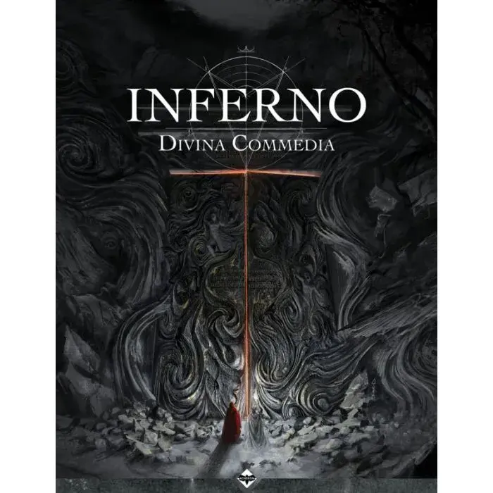 Copertina INFERNO Divina Commedia, illustrazione oscura con croce ardente e figura.