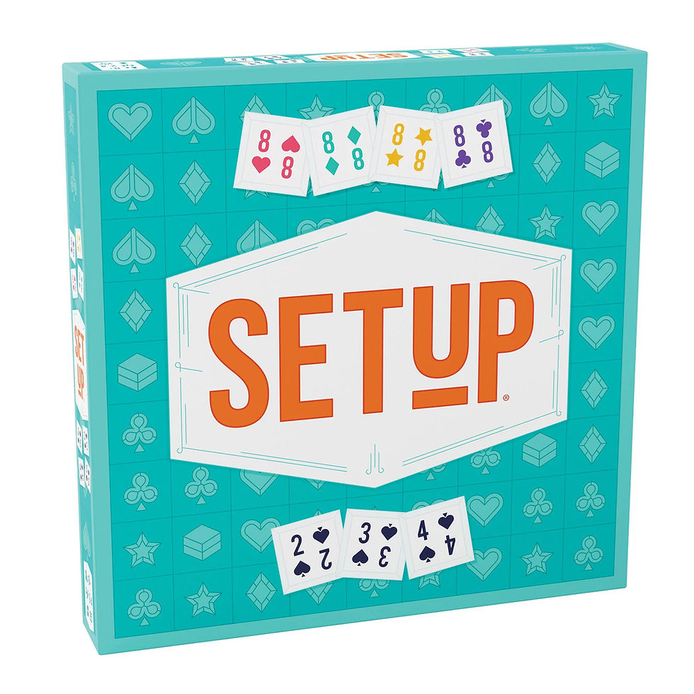 Scatola gioco da tavolo SETUP, esclamazioni colorate, design turchese con simboli carte.