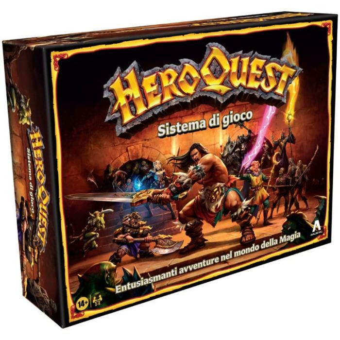 Scatola HeroQuest: Sistema di gioco con eroi e creature fantasy.