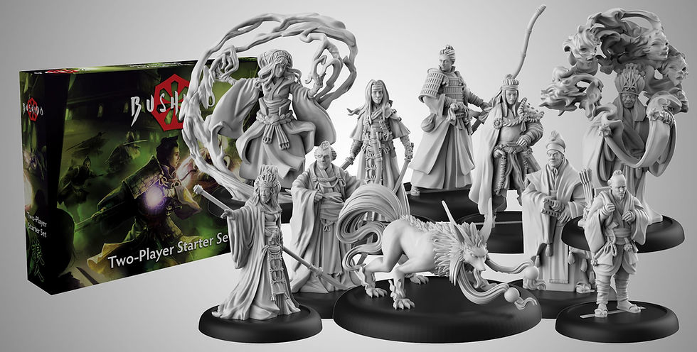 Miniature non dipinte e scatola di gioco, titolo 'The Game Se' visibile.
