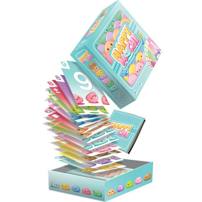 Scatola del gioco Happy Rush con carte colorate che volano.