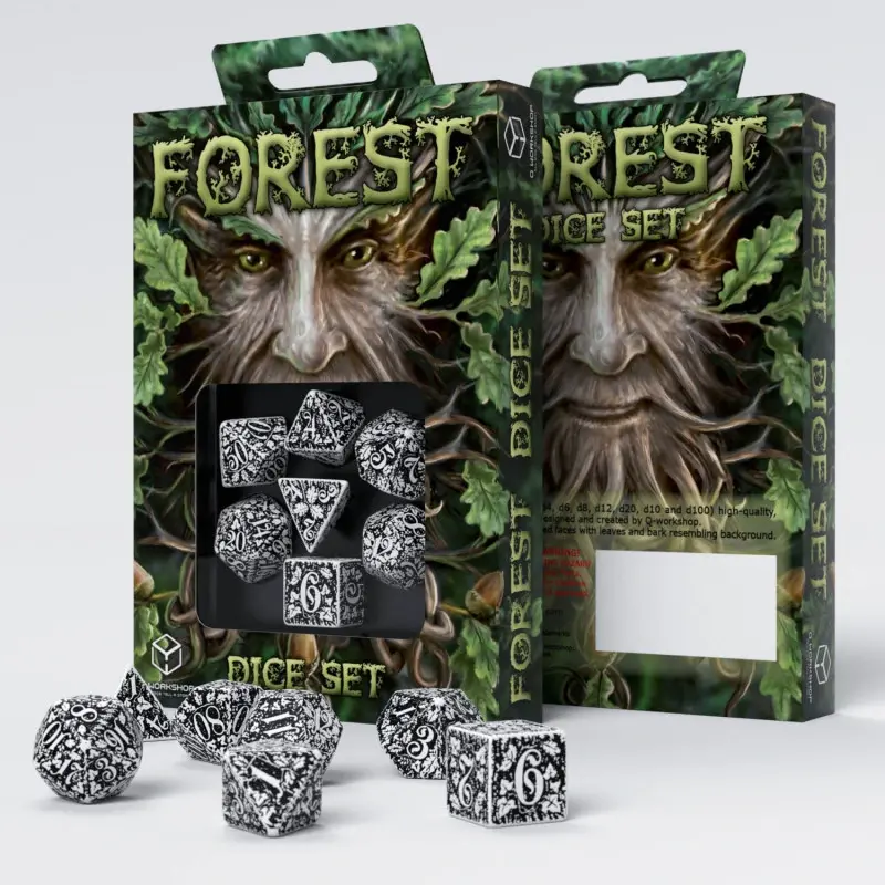 Set di dadi "FOREST DICE SET" con confezione a tema foresta.