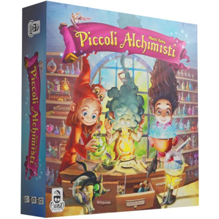 Copertina gioco "Piccoli Alchimisti" con piccoli alchimisti animati in laboratorio.