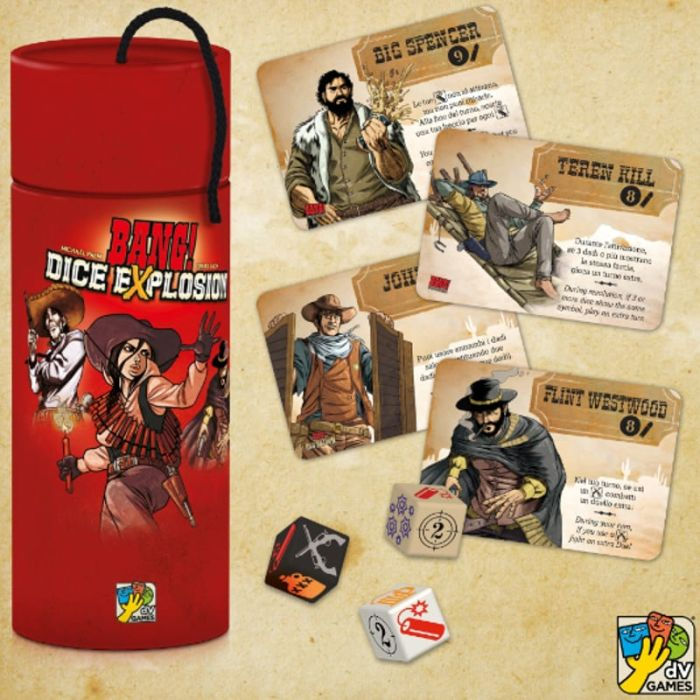 Scatola rossa BANG! THE DICE EXPLOSION, carte personaggi e dadi gioco.