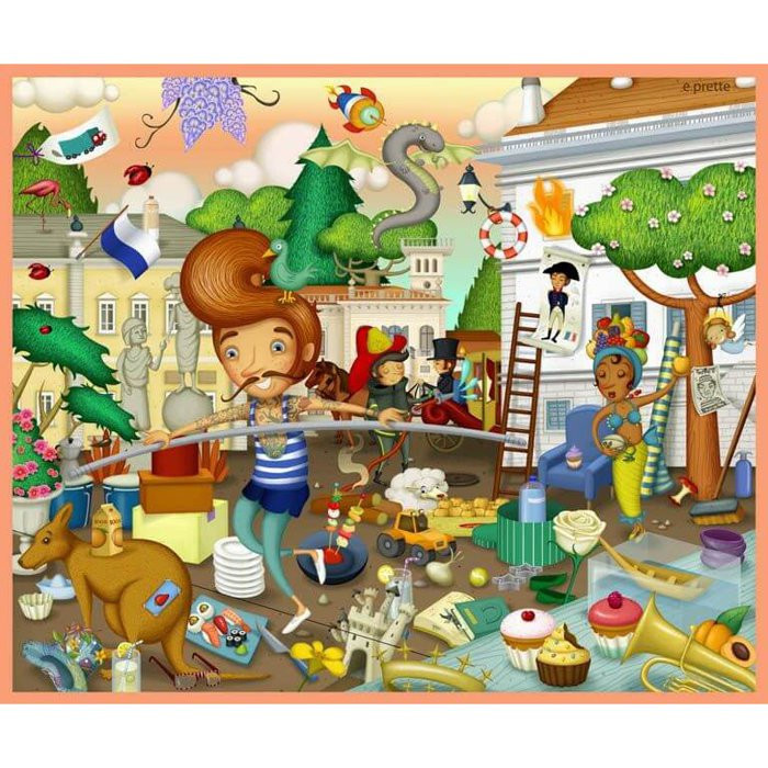 Uomo illustrato in disordinato giardino pieno di oggetti colorati e personaggi.