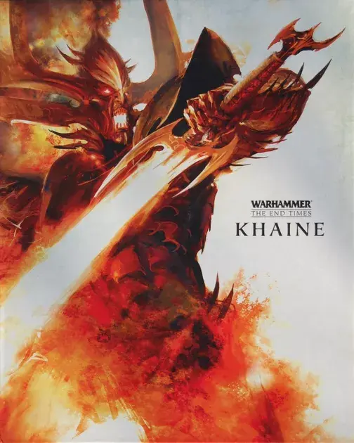 Figura infuocata Khaine sulla copertina WARHAMMER AGE OF SIGMAR.