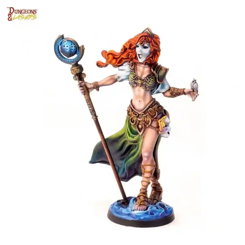 PRODIGY GAMES miniatura fantasy donna capelli rossi, bastone magico, vestito verde.