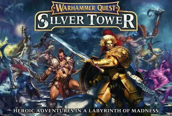Copertina Warhammer Quest Silver Tower, personaggi fantasy in combattimento epico.