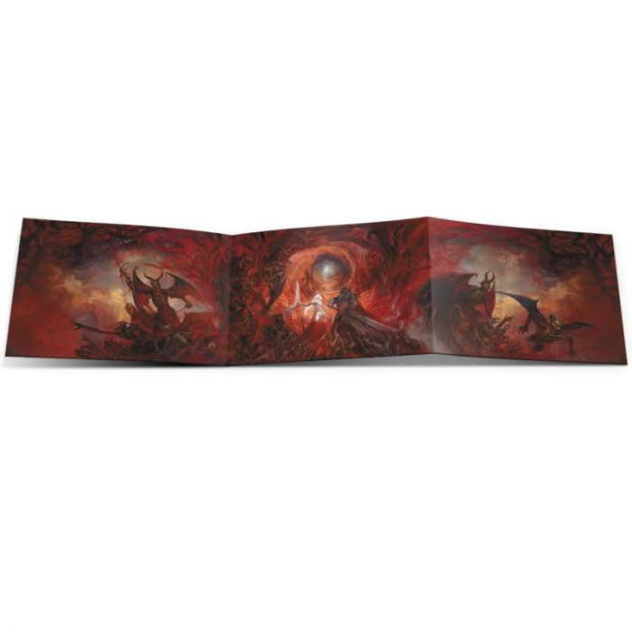 Schermo di gioco fantasy con tre pannelli di scene oscure infuocate.