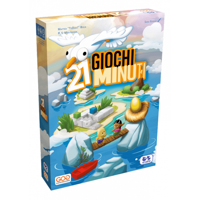 Scatola Gioco 21 Minuti con gabbiano, isola e persone sul mare.
