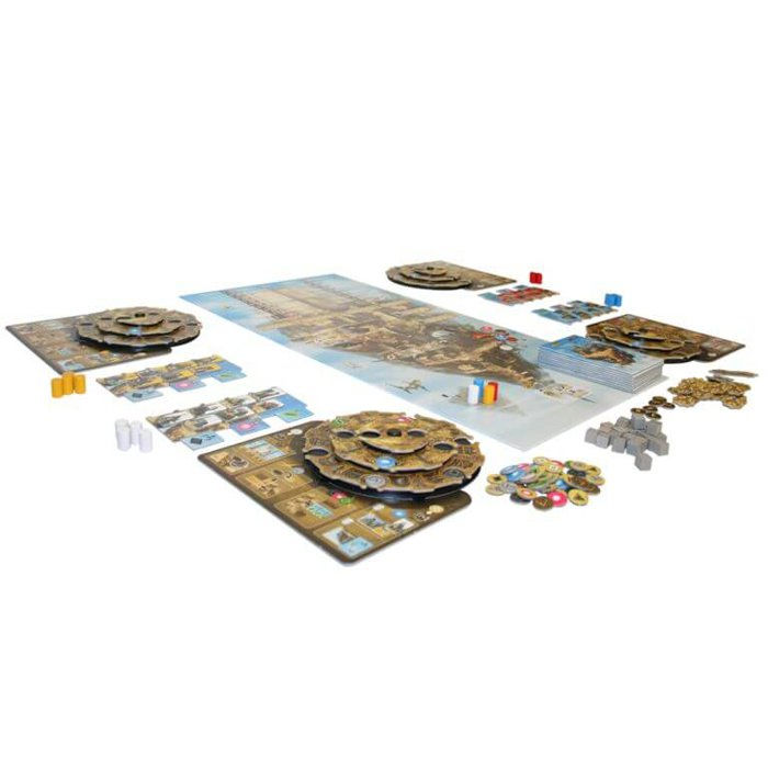 Gioco da tavolo completo con tabellone, pezzi di terreno 3D e segnalini vari.