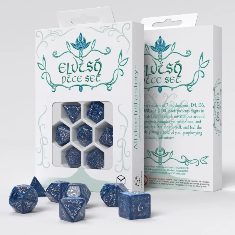 Set di dadi blu ELWESH DICE SET con confezione aperta e dadi sparsi.