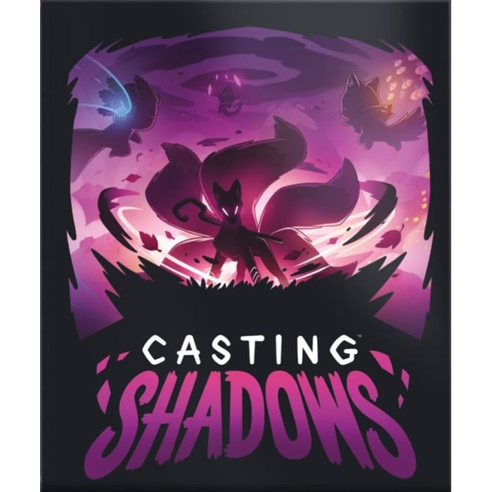 Volpe oscura mistica, "CASTING SHADOWS", lancia magia energetica viola.