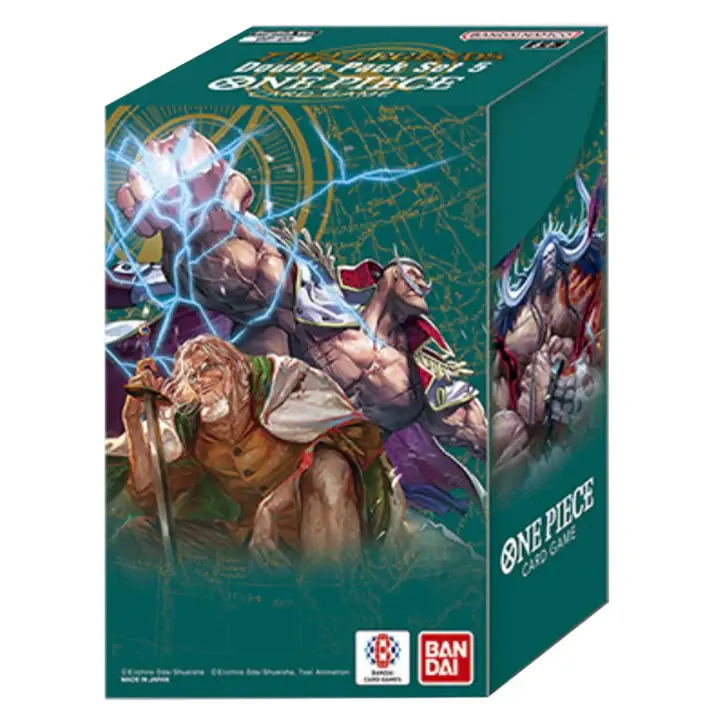 Scatola verde One Piece Card Game con personaggi in azione, DOUBLE PACK SET VOL.1.