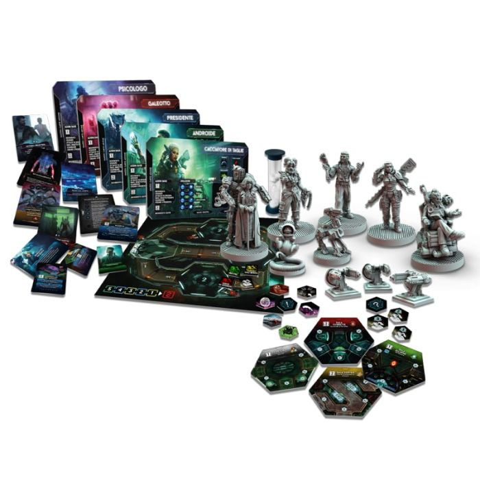 Componenti di gioco da tavolo di fantascienza: miniature, tessere esagonali e carte