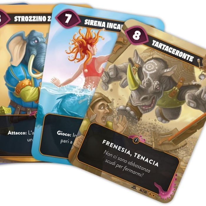 Tre carte da gioco illustrate: STROZZINO, SIRENA INCA, TARACERANTE con FRENESIA.