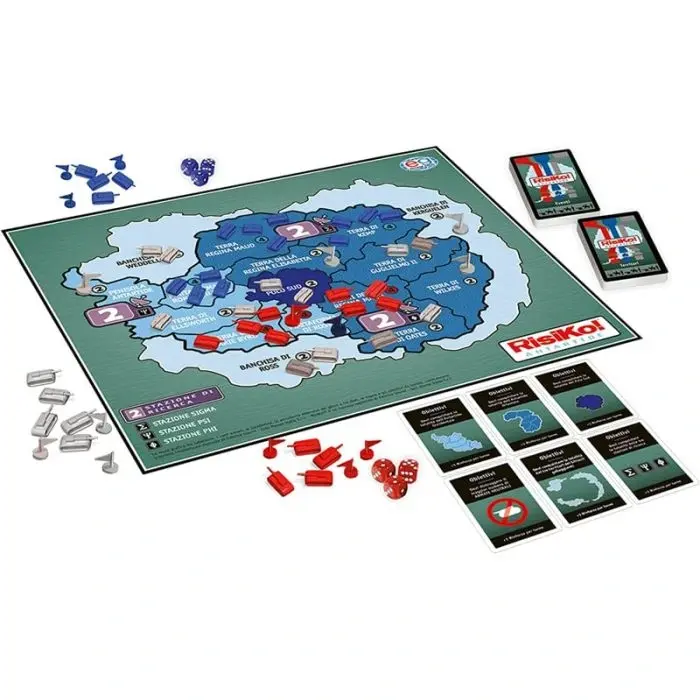 Gioco da tavolo con tabellone mappa, pedine rosse, blu e carte.