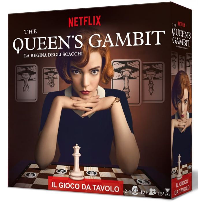 Scatola gioco da tavolo "The Queen's Gambit" Netflix con Beth Harmon.