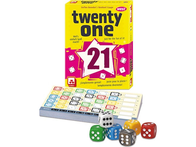 Scatola del gioco da tavolo "twenty one" con dadi colorati.