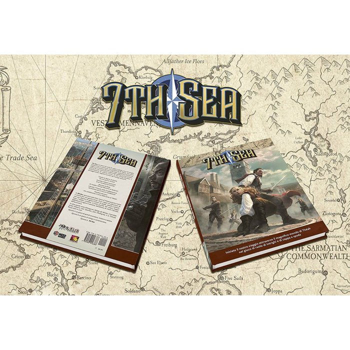 Due manuali di gioco di ruolo 7TH SEA, fronte e retro, su mappa.