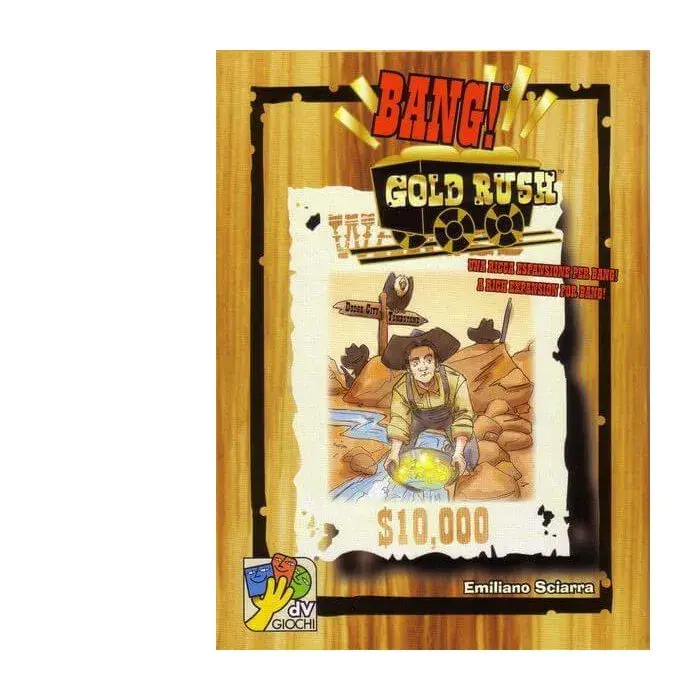 Copertina gioco BANG! GOLD RUSH con cercatore d'oro e $10,000.