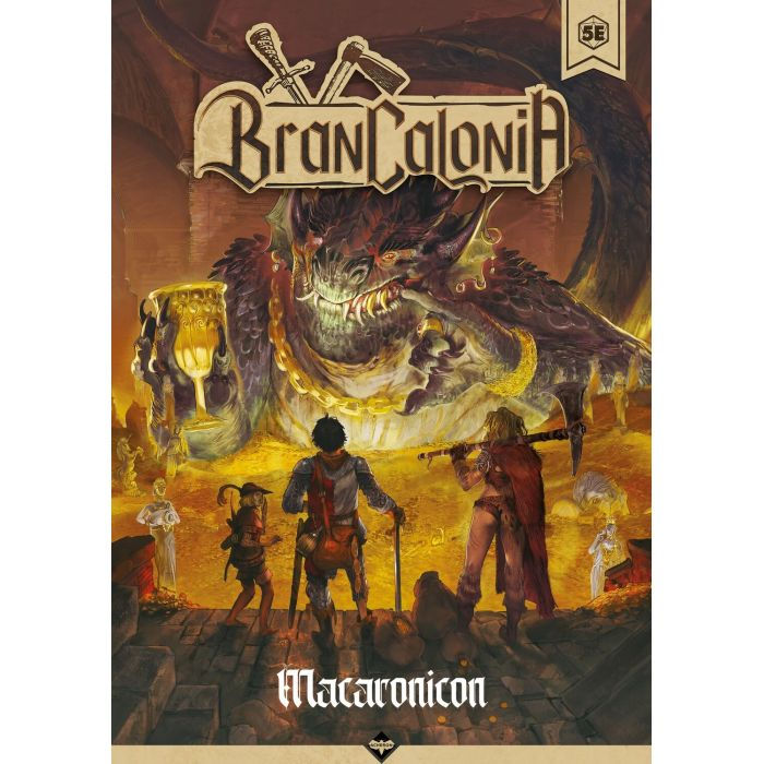 Copertina gioco Brancalonia Macaronicon 5e, avventurieri affrontano un drago.