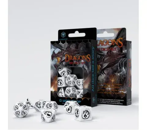 Set dadi bianchi Dungeons & Dragons con loghi, confezioni DUNGEONS & DRAGONS.