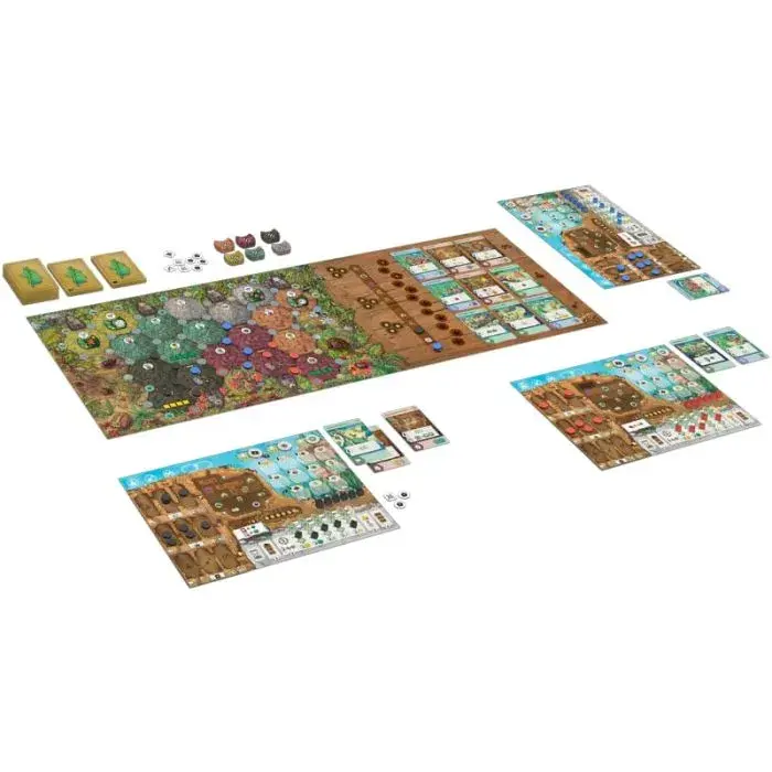 Gioco da tavolo con componenti dettagliati: tabellone, carte e segnalini.
