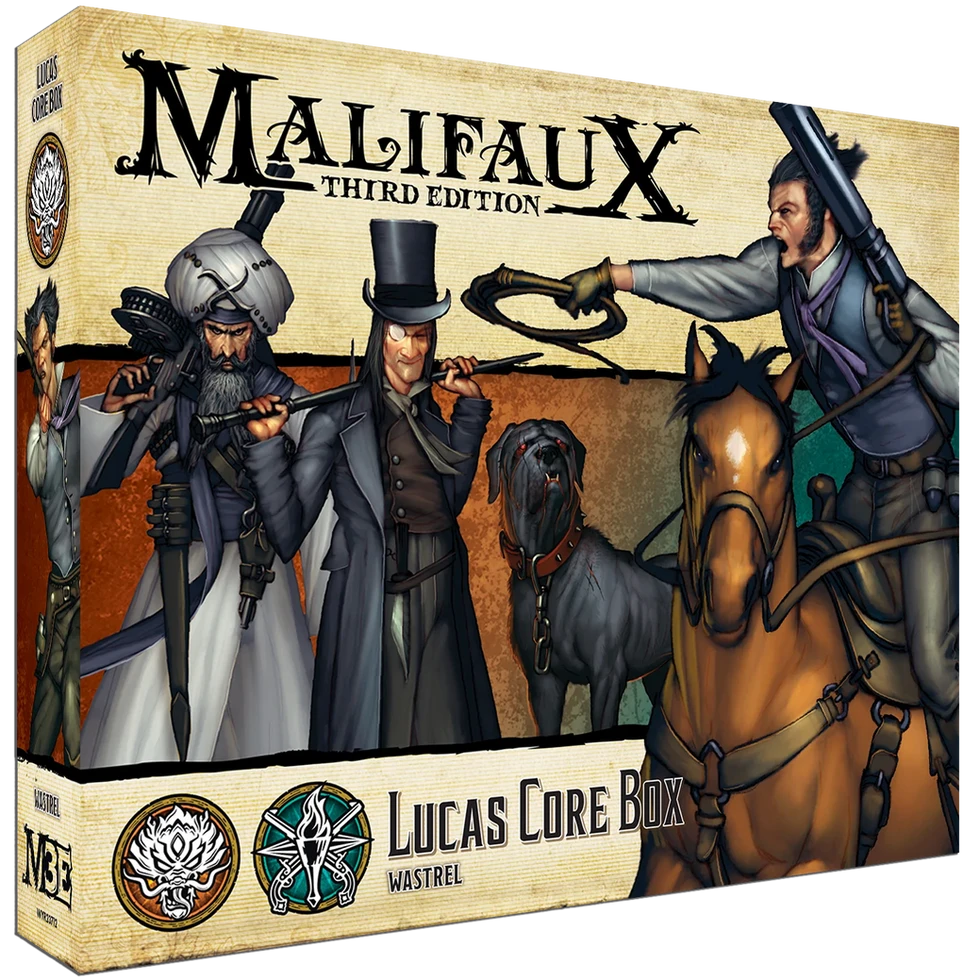 Copertina gioco Malifaux Third Edition, avvincenti personaggi, include Lucas Core B.