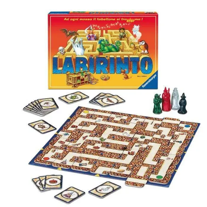 Gioco da tavolo LABIRINTO con scatola, tabellone, carte e pedine.
