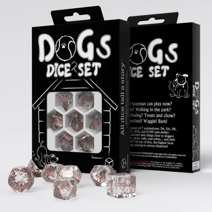 Due scatole nere "DOGs DICE SET", dadi e frase "All dice tell a story!".